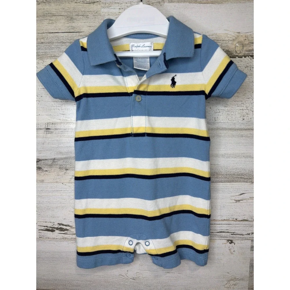 Ralph Lauren Polo Romper Boys 3M Blue Striped Cotton Preppy EUC